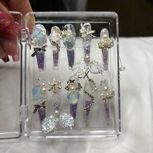 Purple and Silver Glitter WATER Nail Set mermaid 3-D XS handmade
